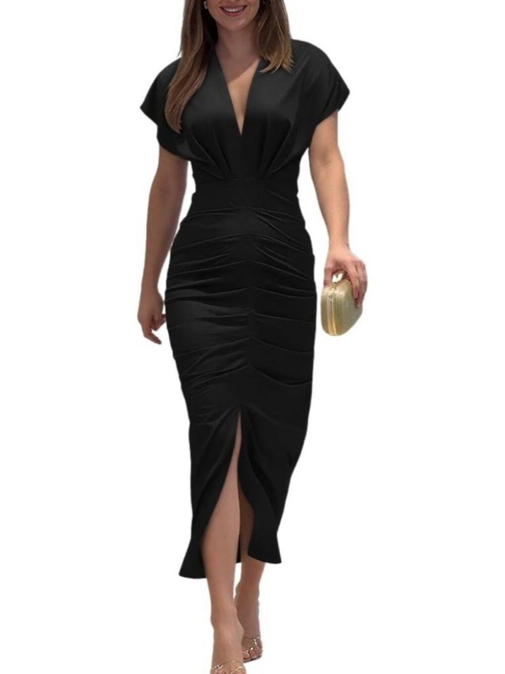 Women's Black Polyester Elastane Floral Print V Neck Slit Bodycon Midi Dress
